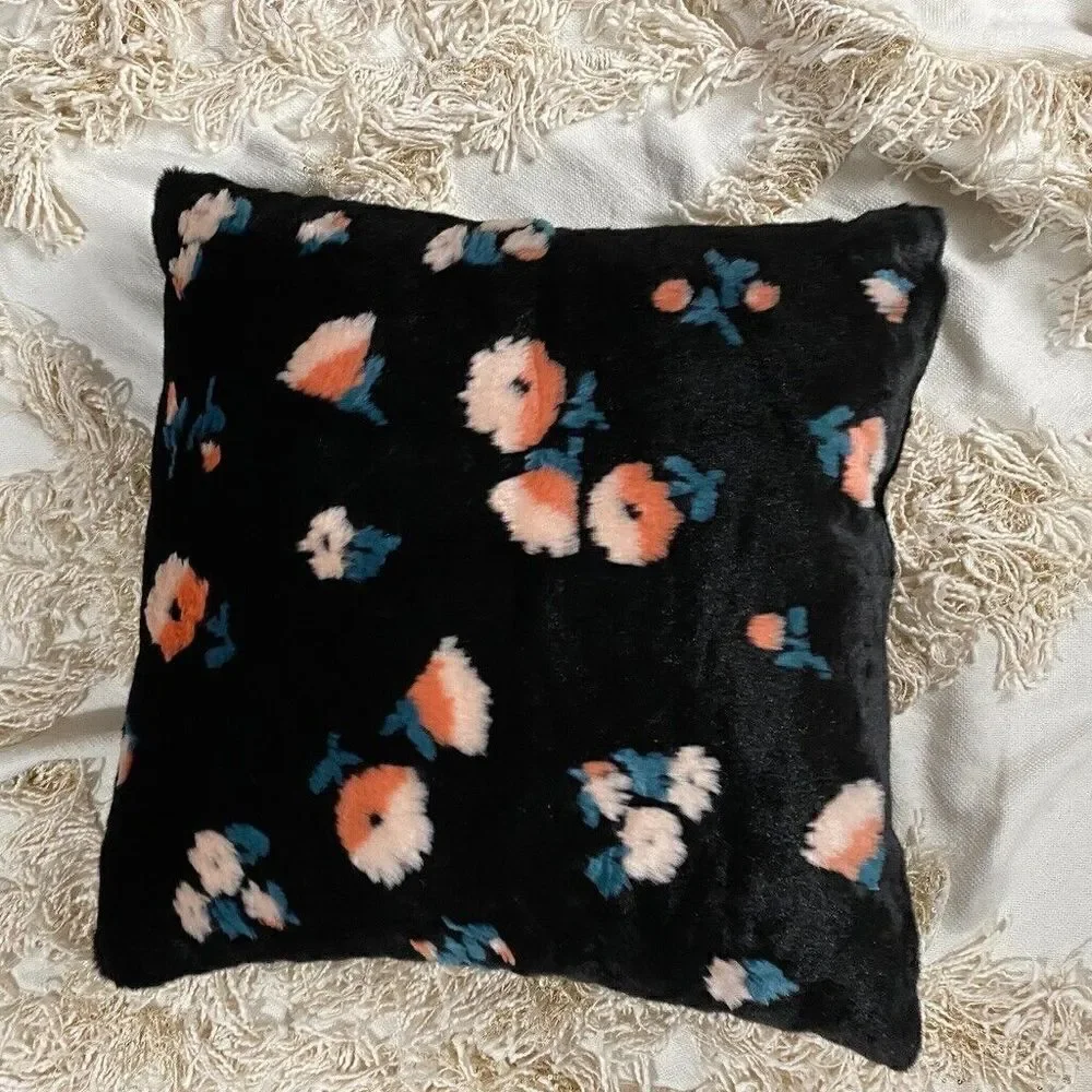 Anthropologie Flora Faux Fur Pillow Black Floral Pattern 20